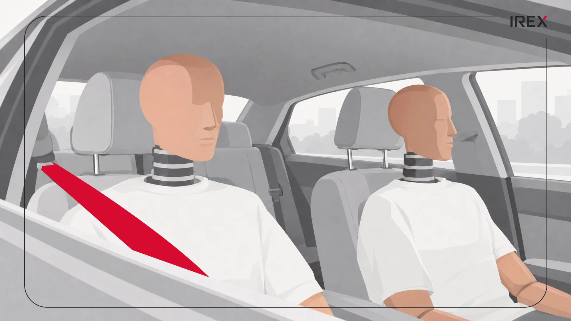Two crash test dummies in the front seats of a car, the nearer one wearing a seat belt highlighted in red
