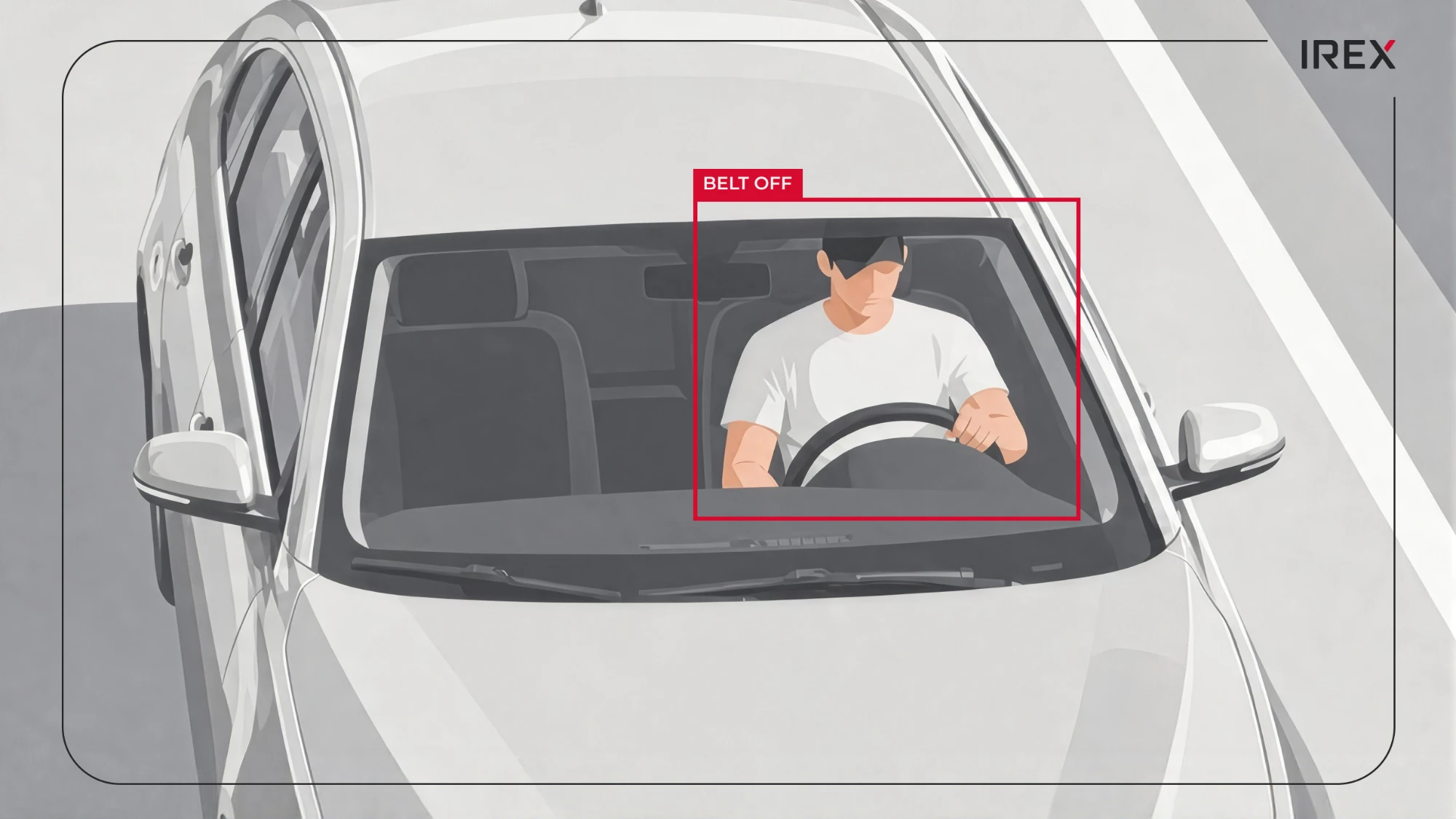 View through a car windshield of a driver without a seat belt, boxed in red and labeled Belt Off