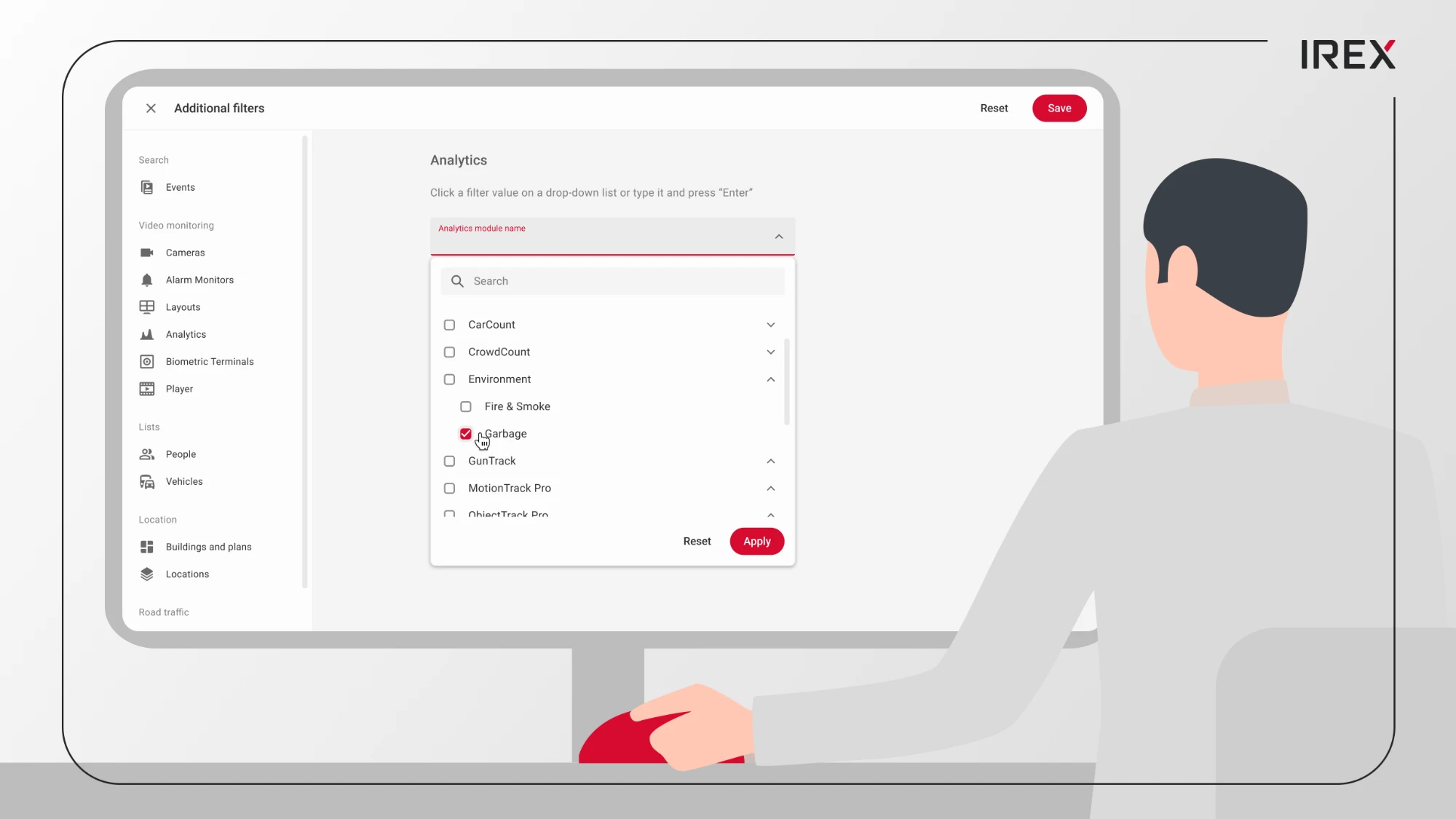 An operator selects the Garbage analytics module in the IREX Additional filters panel