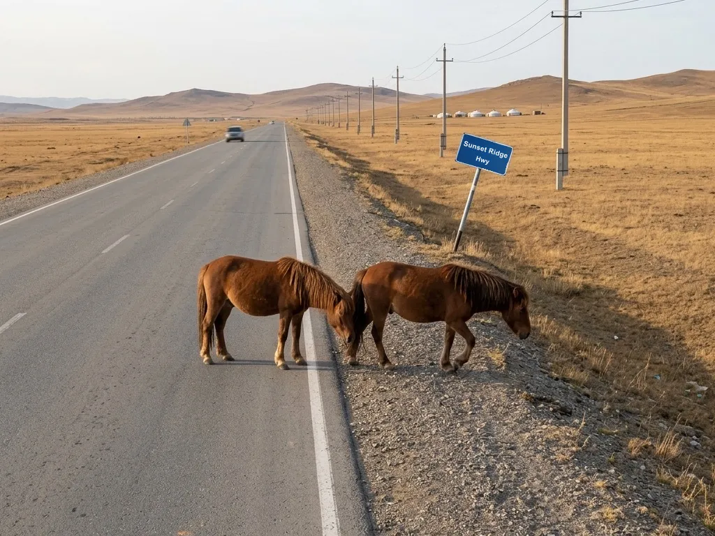 Two horses step off the gravel shoulder onto a two-lane highway outside Ulaanbaatar in late-afternoon light, one of them already standing inside the white edge line.