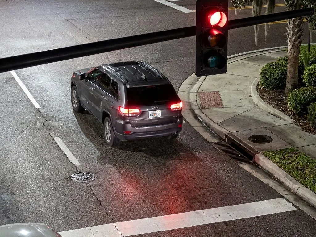 एक गहरे स्लेटी रंग की SUV स्टॉप बार पार करती है, उसकी ब्रेक-लाइट बंद है जबकि ऊपर का सिग्नल लाल दिखा रहा है, फ़्रेम में उसकी पिछली प्लेट सबसे स्पष्ट तत्व है।